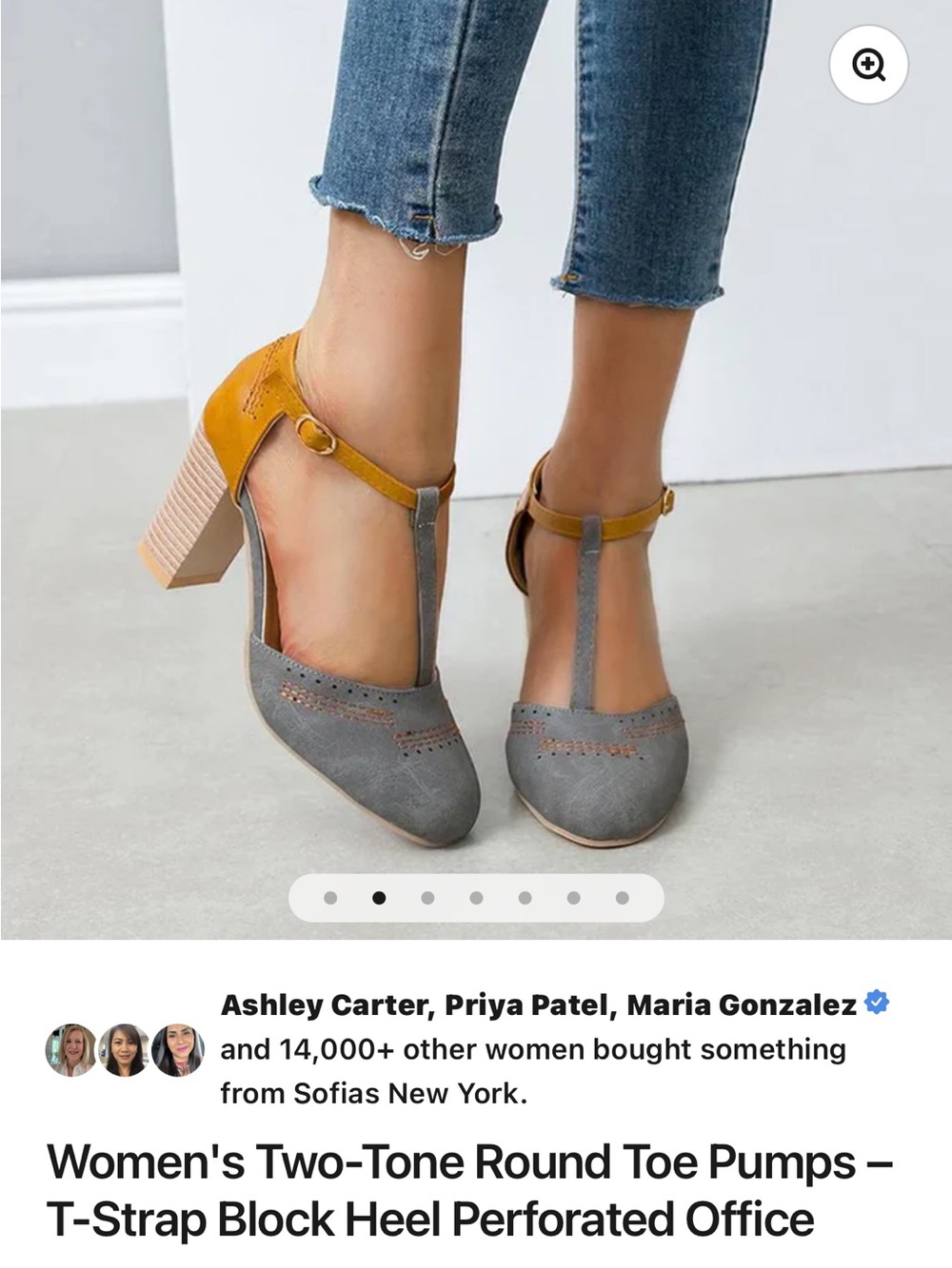 Two-Tone Gray and Mustard T-Strap Block Heel Pumps